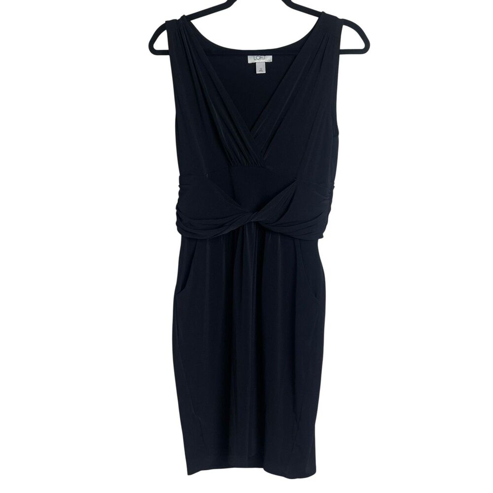 Ann Taylor Loft Dress Womens 10 Black Ruched Waist Sleeveless V Neck Classic